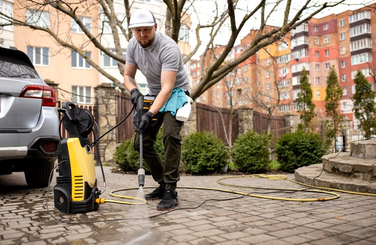 Before and after driveway pressure washing in Springfield MO showing oil stain removal